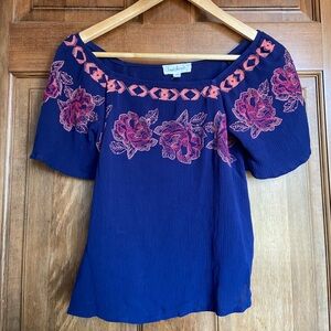 Cloud Chaser Navy Blouse with Flower Embroidery